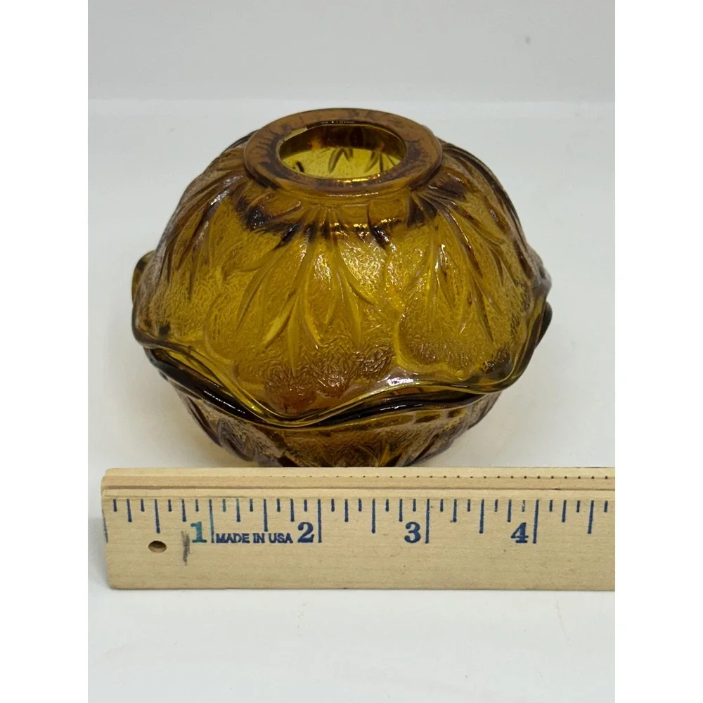 VTG Indiana Glass Fairy Lamp Amber Leaf Pattern Two Piece Votive Candle Holder